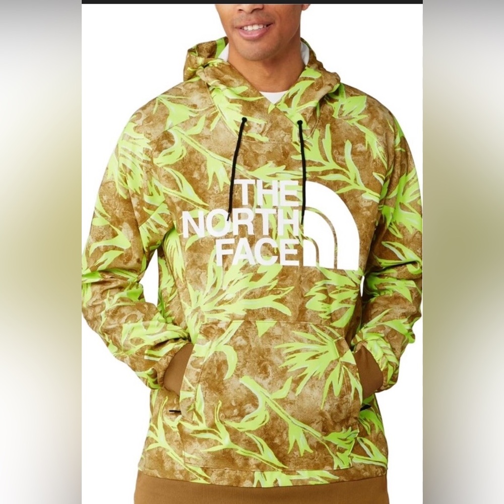 The North Face Brown Hoodie with Neon Yellow Leaf Print size small